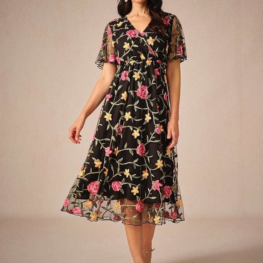 NWT Black Floral Midi Dress With Sheer Sleeve